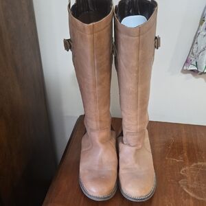 Tan Wide Calf Leather Knee-High Boots